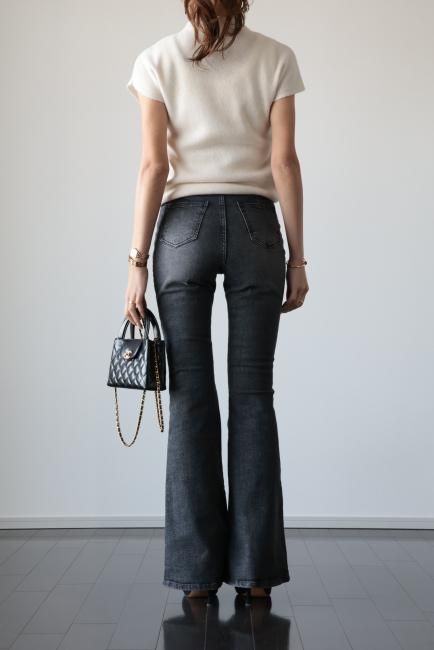 high waist flare cut denim pants / ash black - Madder vintage
