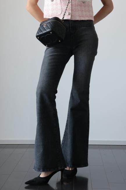 high waist flare cut denim pants / ash black - Madder vintage