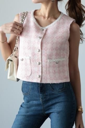 silver button piping tweed vest  / pastel pink