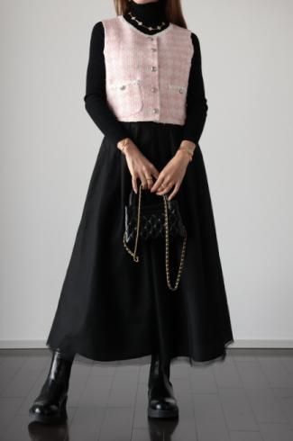 silver button piping tweed vest  / pastel pink
