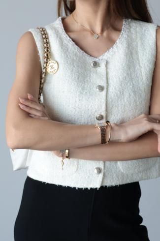 silver button piping tweed vest  / ivory
