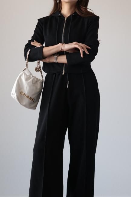 【はこぽす対応商品】 & hoodie up zip wide black / jersey up set pants slacks ルームウェア・パジャマ