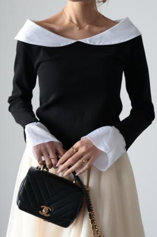 low collar flare cuffs rib top / black