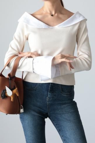 low collar flare cuffs rib top / ivory