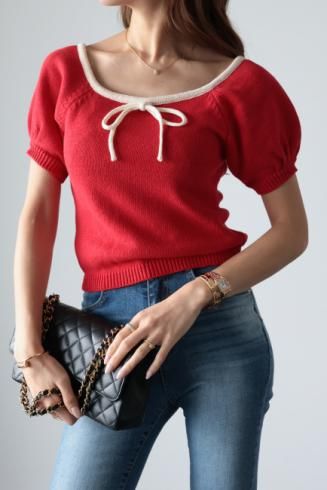 puff sleeves ribbon neck cotton knit top / red