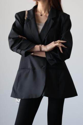pleats cuffs double breasted peplum jacket / black