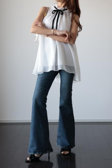 MAISEL】frill ribbon neck flare chiffon top / white - Madder