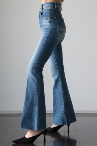 PRE-ORDERcut off high waist stretch flare denim pants / blue