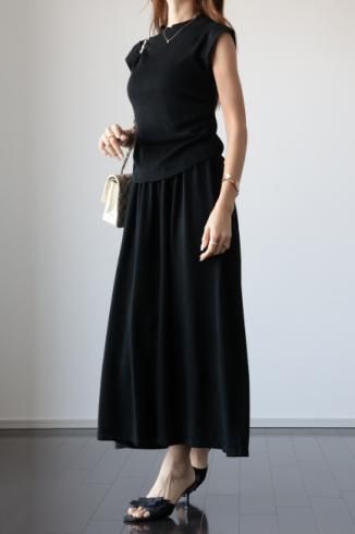 mock neck side gather top & long skirt fraise knit set up