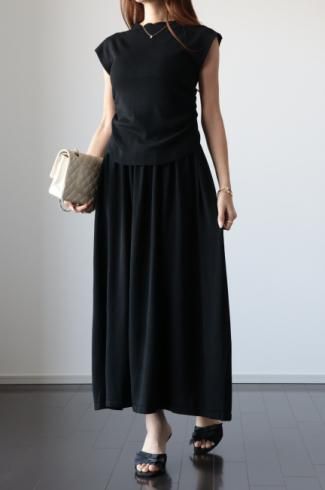 mock neck side gather top & long skirt fraise knit set up