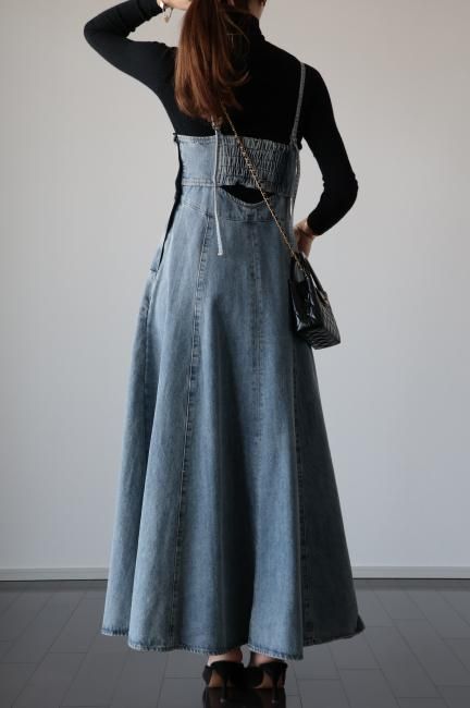 back shirring denim camisole dress / blue - Madder vintage
