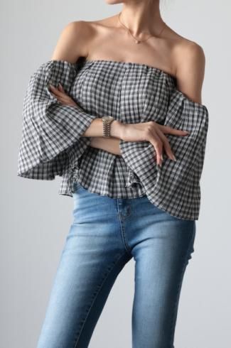 PRE-ORDER3way shoulder check crepe flare top / blackwhite
