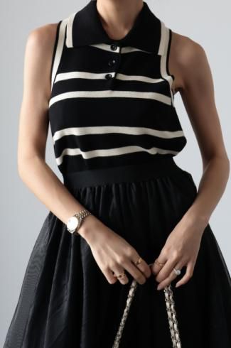 <img class='new_mark_img1' src='https://img.shop-pro.jp/img/new/icons14.gif' style='border:none;display:inline;margin:0px;padding:0px;width:auto;' />half button stripe sleeveless top / black