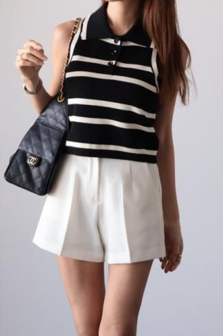 half button stripe sleeveless top / black