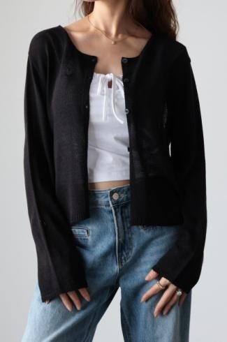 round neck linen mix knit cardigan / black