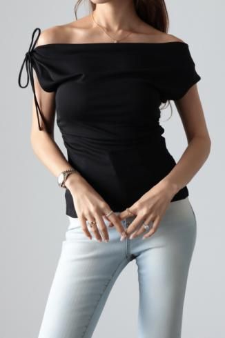 ribbon cap sleeves drape top / black