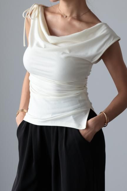 ribbon cap sleeves drape top / ivory - Madder vintage