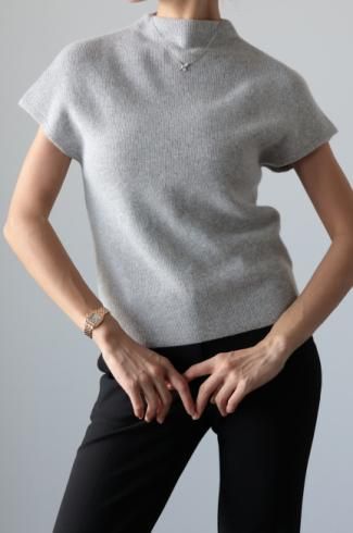 mock neck cashmere mix rib knit top / gray
