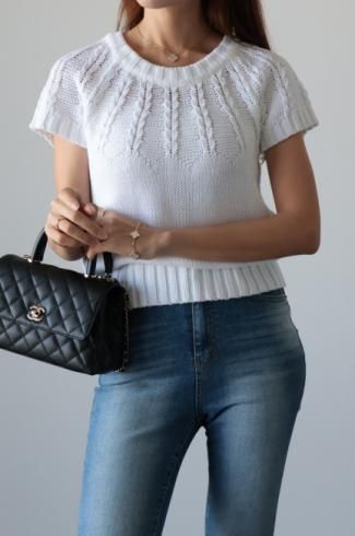 short sleeves cable knit top / white