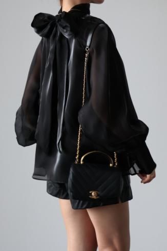 ribbon tie 2way organdie pullover blouse / black