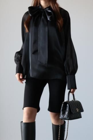 ribbon tie 2way organdie pullover blouse / black