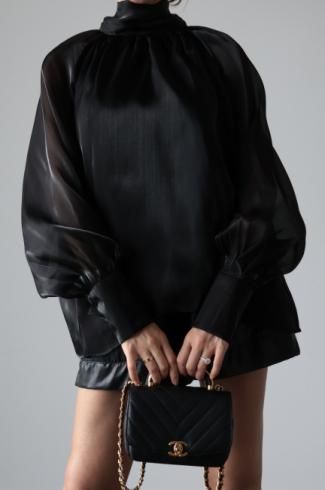 ribbon tie 2way organdie pullover blouse / black