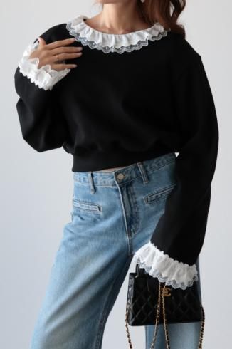 <img class='new_mark_img1' src='https://img.shop-pro.jp/img/new/icons14.gif' style='border:none;display:inline;margin:0px;padding:0px;width:auto;' />round neck frill lace sweat top / black