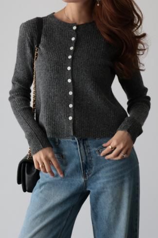 round neck wool mix rib knit cardigan / melange gray