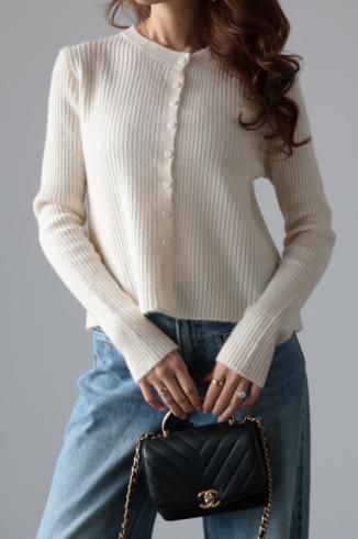 round neck wool mix rib knit cardigan / ivory