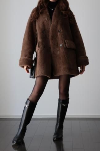 double breasted eco fur midi coat / brown
