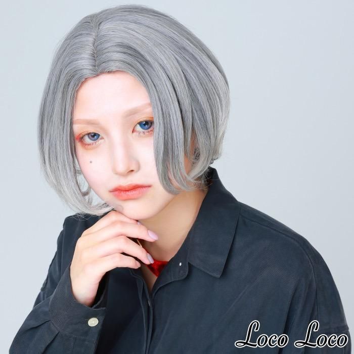 即納 ウィッグ グラデーション グレー シルバー ボブ マッシュ ミディアム センターパート ショート 男装 個性的 派手髪 原宿系 ファッション コスプレ 耐熱 Locoloco ロコロコ 自然な付け心地のファッションウィッグの通信販売店 Locoloco ロコロコ