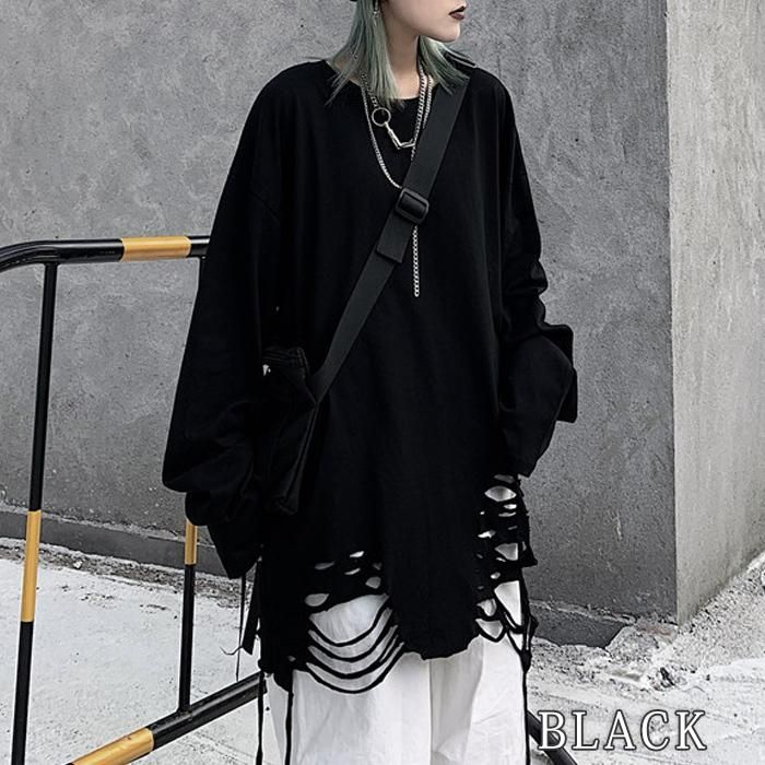 即納 ビッグダメージtシャツ トップス ロングtシャツ ヴィンテージ加工 モノトーン クール パンク V系 ストリート ダーク カジュアル ゆめかわいい 闇かわ 地雷系 Locoloco 自然な付け心地のファッションウィッグの通信販売店 Locoloco ロコロコ