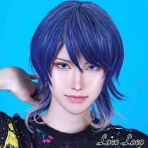 【即納】★コラボデザイン★ウィッグ ウルフカット ネイビーブルー シルバー グラデーションメッシュ 青 銀 男装 ボーイッシュ 原宿系 ファッション コスプレ 耐熱 LocoLoco ロコロコ