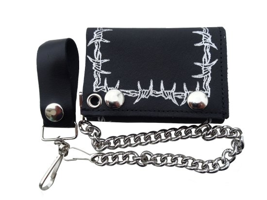 Genuine Leather Tri-Fold Wallet w/ Chain XL Barbed Wire   3つ折りチェーン付き財布 USA製