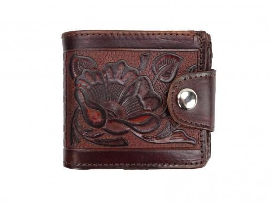 LEATHER  WALLET  Antique Finish Snap Wallet w/Coin pocket -Flower Brown