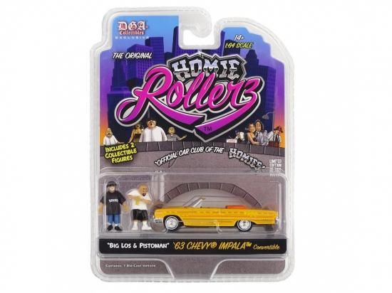 <img class='new_mark_img1' src='https://img.shop-pro.jp/img/new/icons8.gif' style='border:none;display:inline;margin:0px;padding:0px;width:auto;' />Homie Rollerz 1:64 Diecast 1963 Chevy Impala SS Convertible w/ Big Los & Pistoman