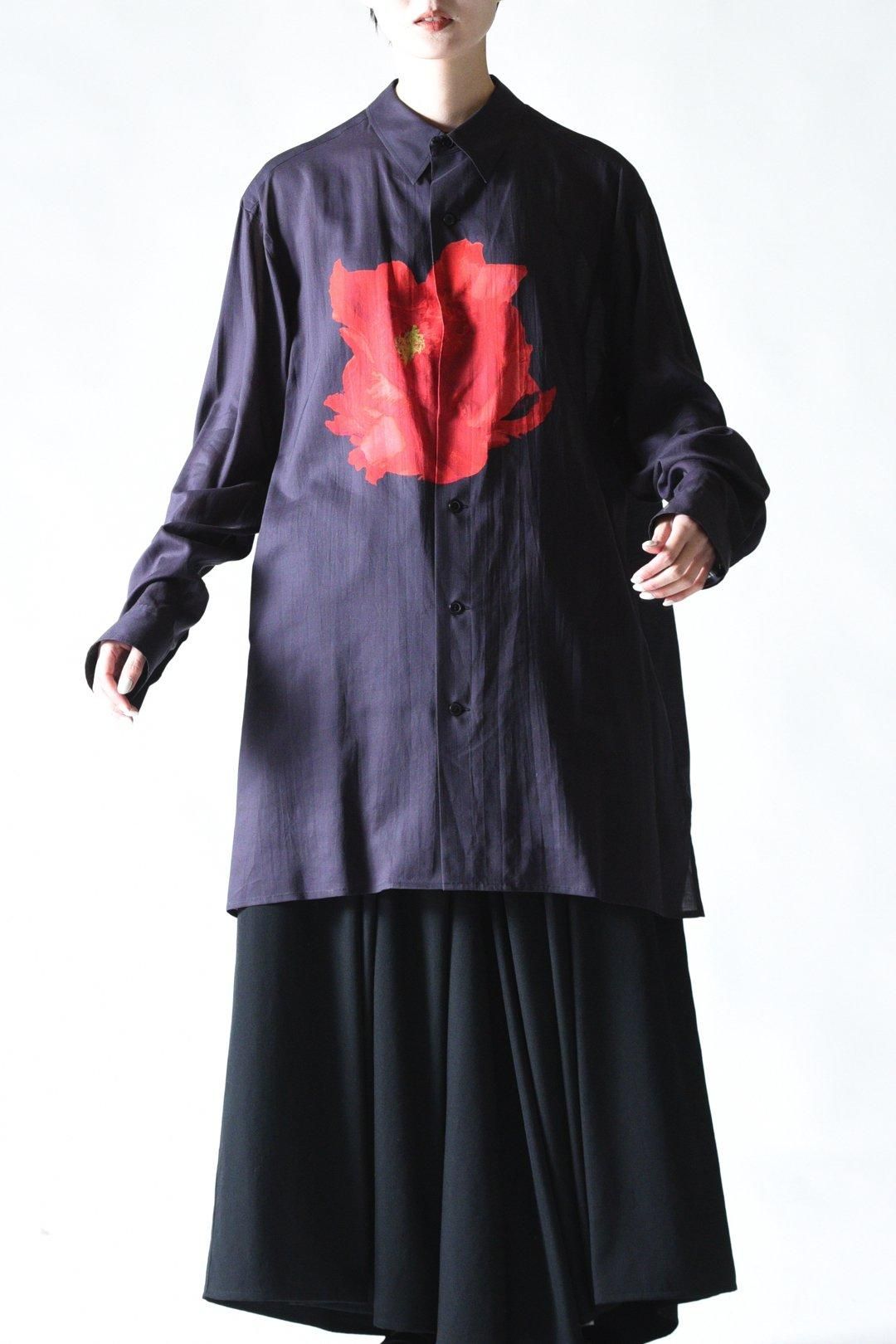 Y's for men DEEP BLACK BIG SHIRT WITH LARGE RED FLOWER - Ka Y's for men DEEP BLACK BIG SHIRT WITH LARGE RED FLOWER - Ka