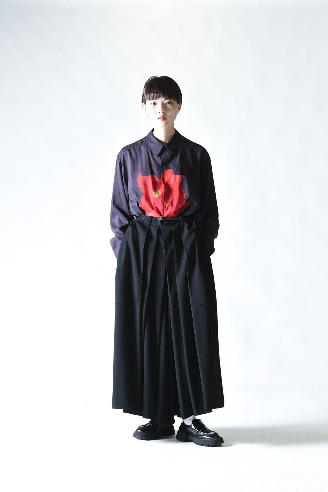 ヨウジヤマモト　セルロース開襟シャツ Y's for men DEEP BLACK BIG SHIRT WITH LARGE RED FLOWER - Ka