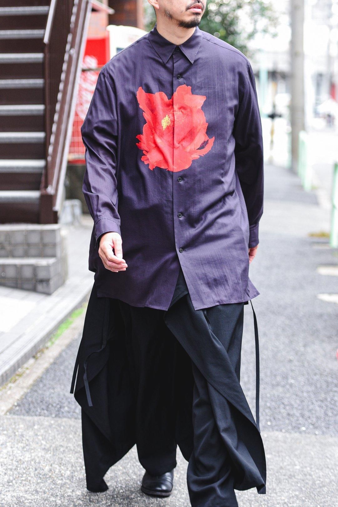 Y's for men DEEP BLACK BIG SHIRT WITH LARGE RED FLOWER - Ka Y's for men DEEP BLACK BIG SHIRT WITH LARGE RED FLOWER - Ka
