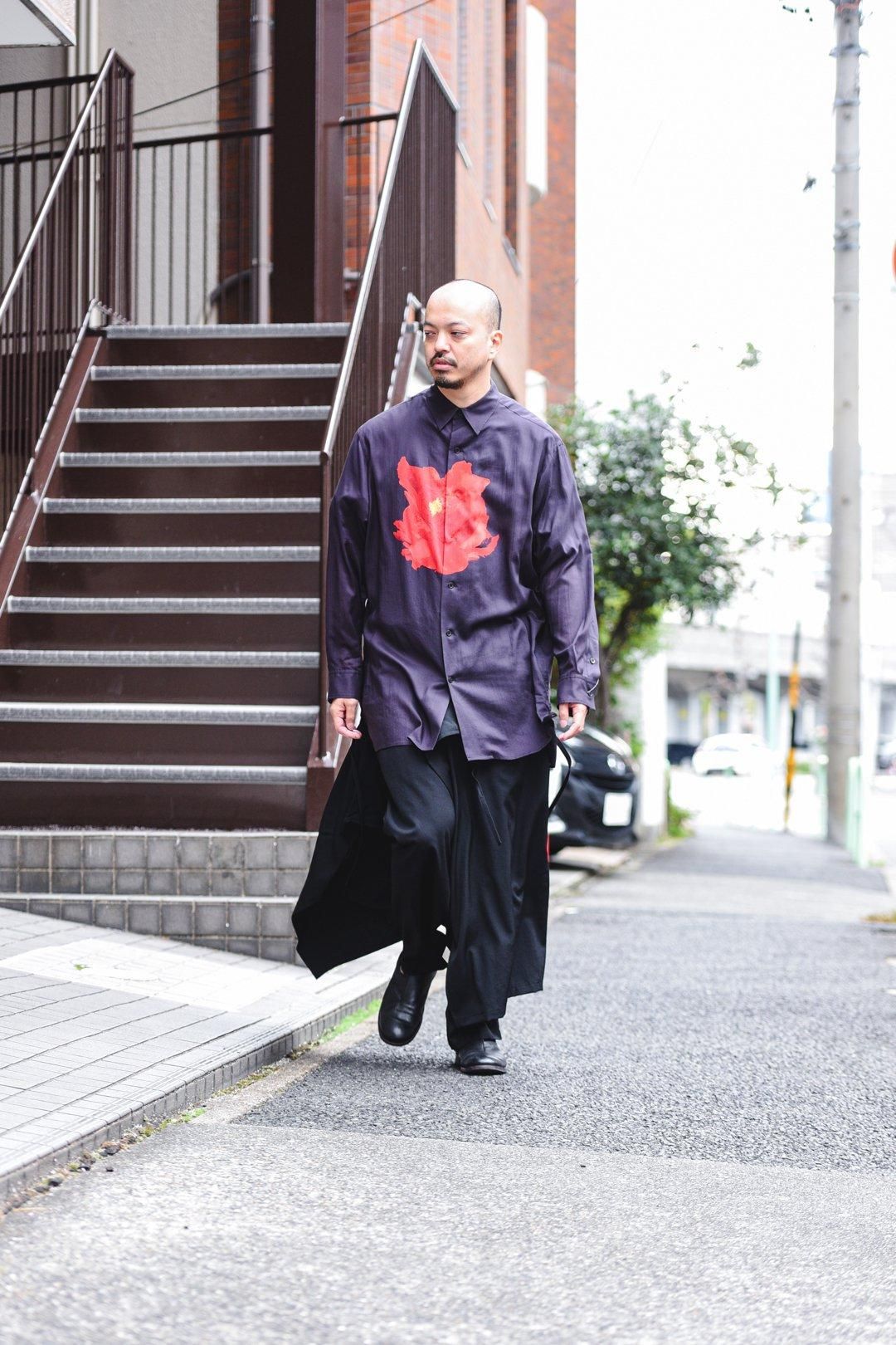 Y's for men DEEP BLACK BIG SHIRT WITH LARGE RED FLOWER - Ka