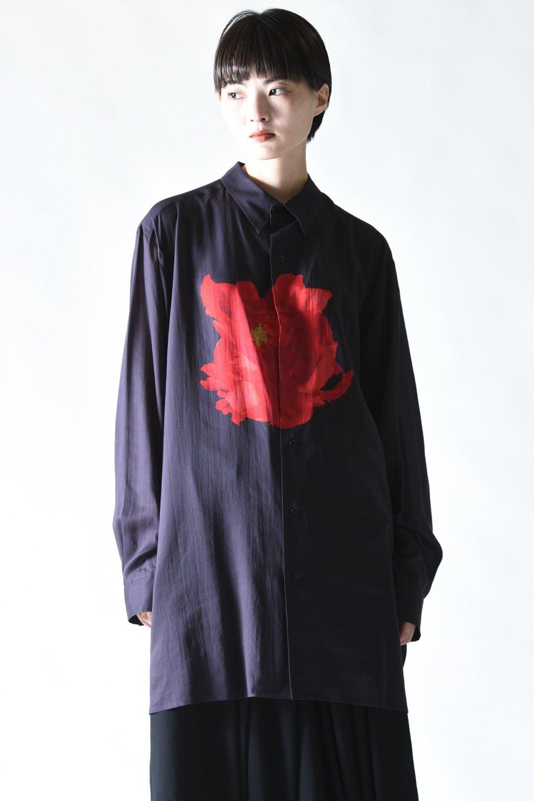 Y's for men DEEP BLACK BIG SHIRT WITH LARGE RED FLOWER - Ka Y's for men DEEP BLACK BIG SHIRT WITH LARGE RED FLOWER - Ka