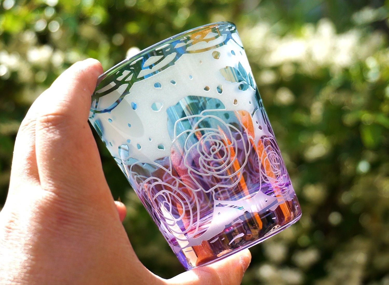 薔薇園のシャボングラス【Cobalt】| バラの花を彫刻した贈り物