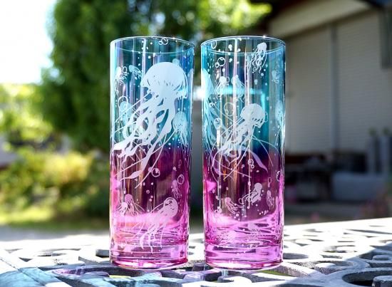ユリの花瓶 手作りサンドブラスト彫刻 ガラス工芸品