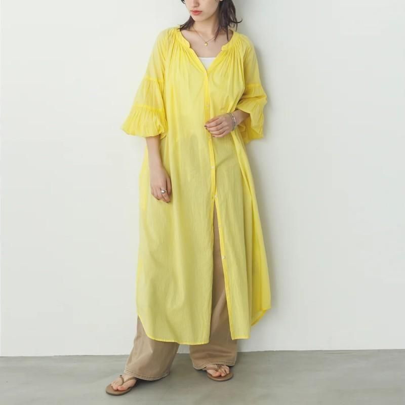 【HOBBS】鮮やかイエロー◇ノースリーブシャツワンピース Noia コットンボイル 七分袖シャツワンピース｜セレクトショップ