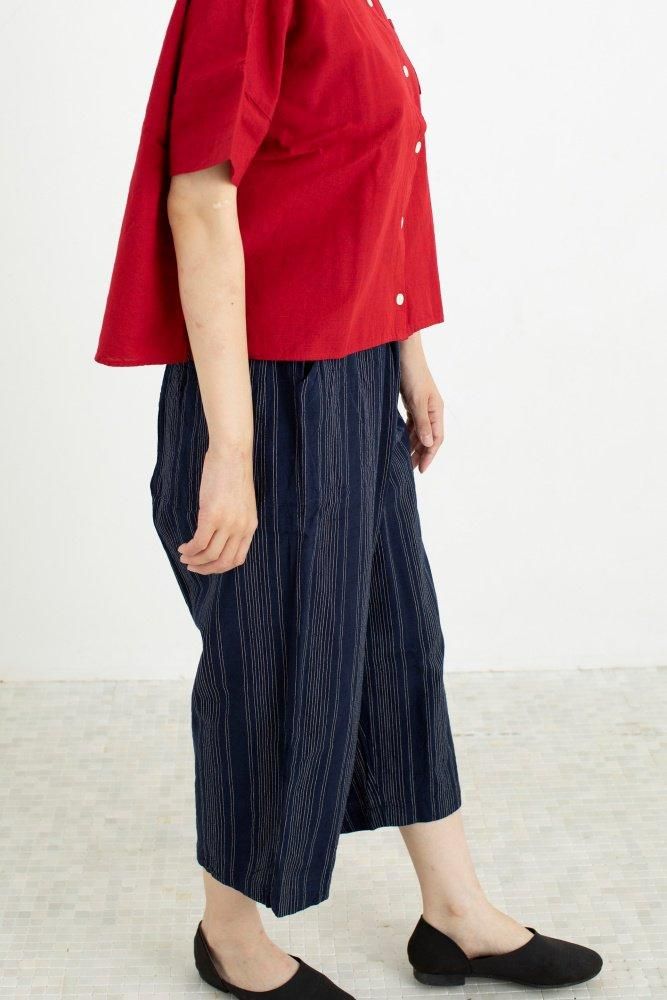 ヤンマ産業 会津木綿 キュロットパンツ ロング丈 ともえ縞｜服