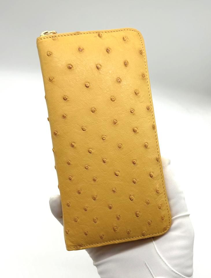 ラウンドファスナー長財布オールレザー/オーストリッチイエロー