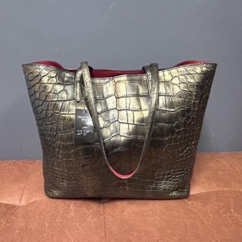 クロコダイルトートバッグ『華道』 | マットブラックゴールド - 『皮革