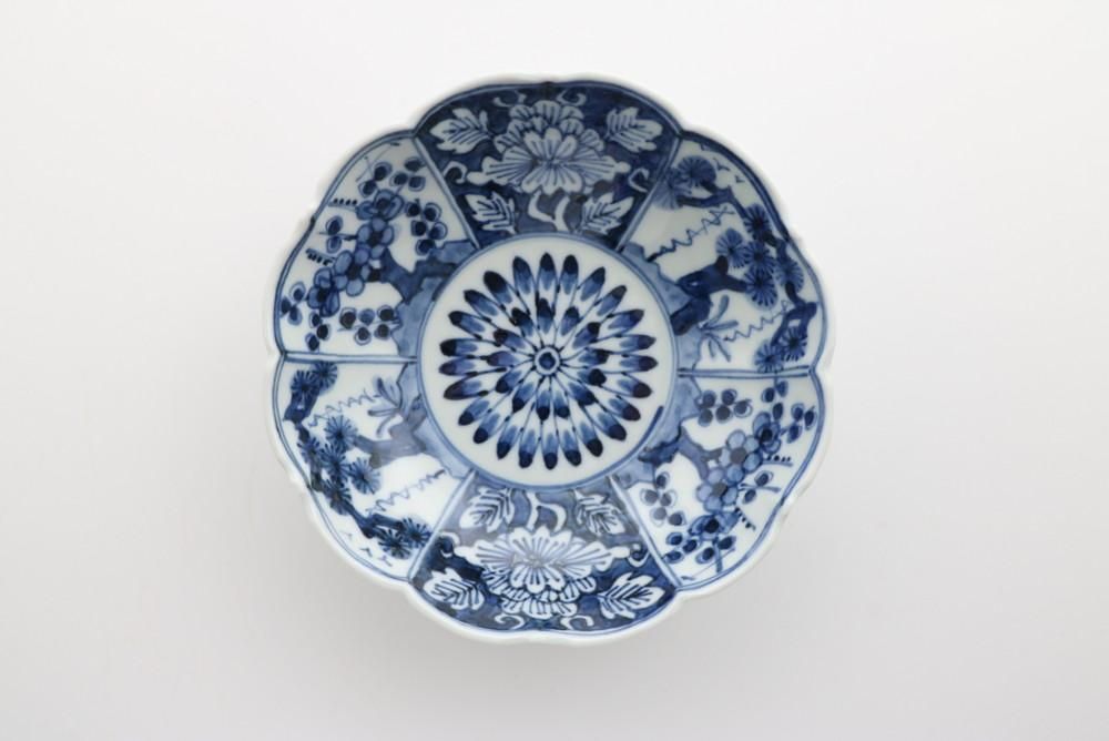 蔵c8694】染付 色絵 花文 輪花型小鉢 十三客 京焼
