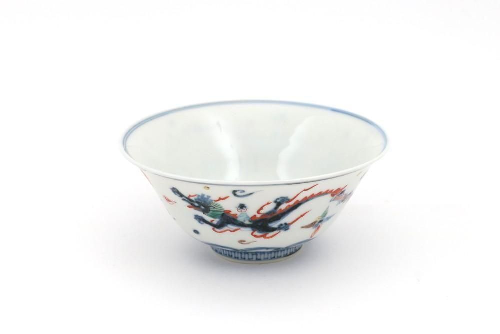 双子堂　青とベージュの幾何学模様飯碗　5点 双子堂 青とベージュの幾何学模様飯碗 5点 飯碗 色絵双龍