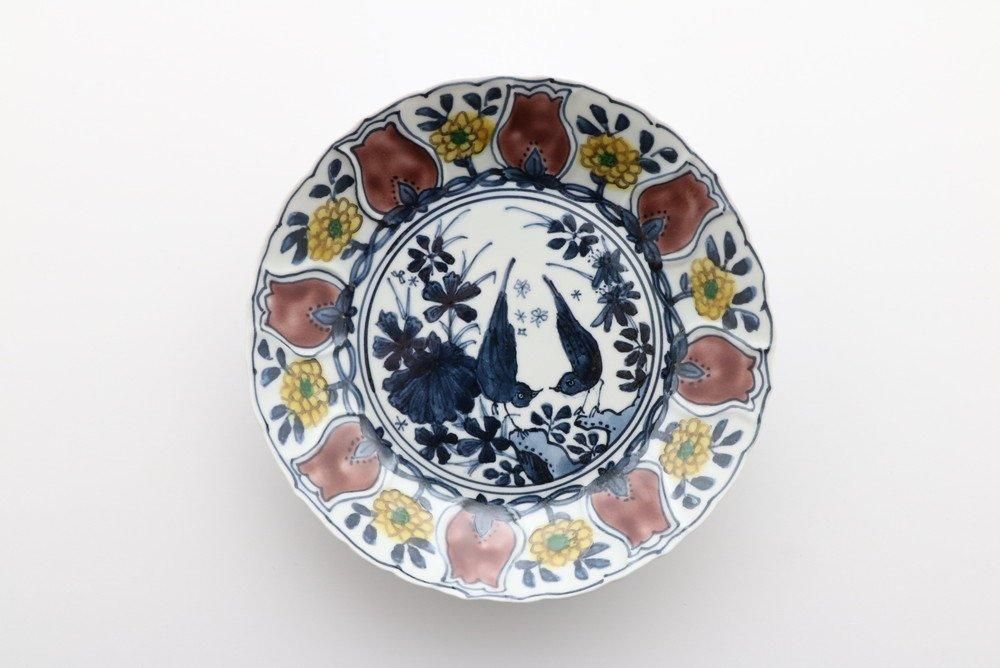 九谷焼　色絵　鳥草文　菱形中皿　五客　時代箱付　M　R8296 九谷焼 色絵 鳥草文 菱形中皿 五客 時代箱付 M R8296